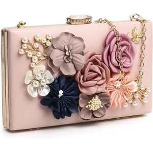 NWT pink floral rose and pearl clutch in original packaging